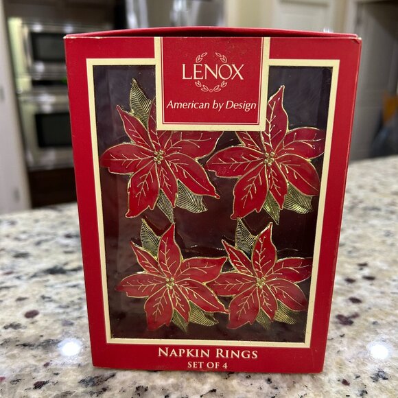 Lenox Poinsettia Napkin Rings Red And Gold Set of 4 - Picture 4 of 5